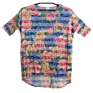 LuLaRoe Women IRMA Top Small Tunic All Over Rose Print High Low Multicolor EUC
